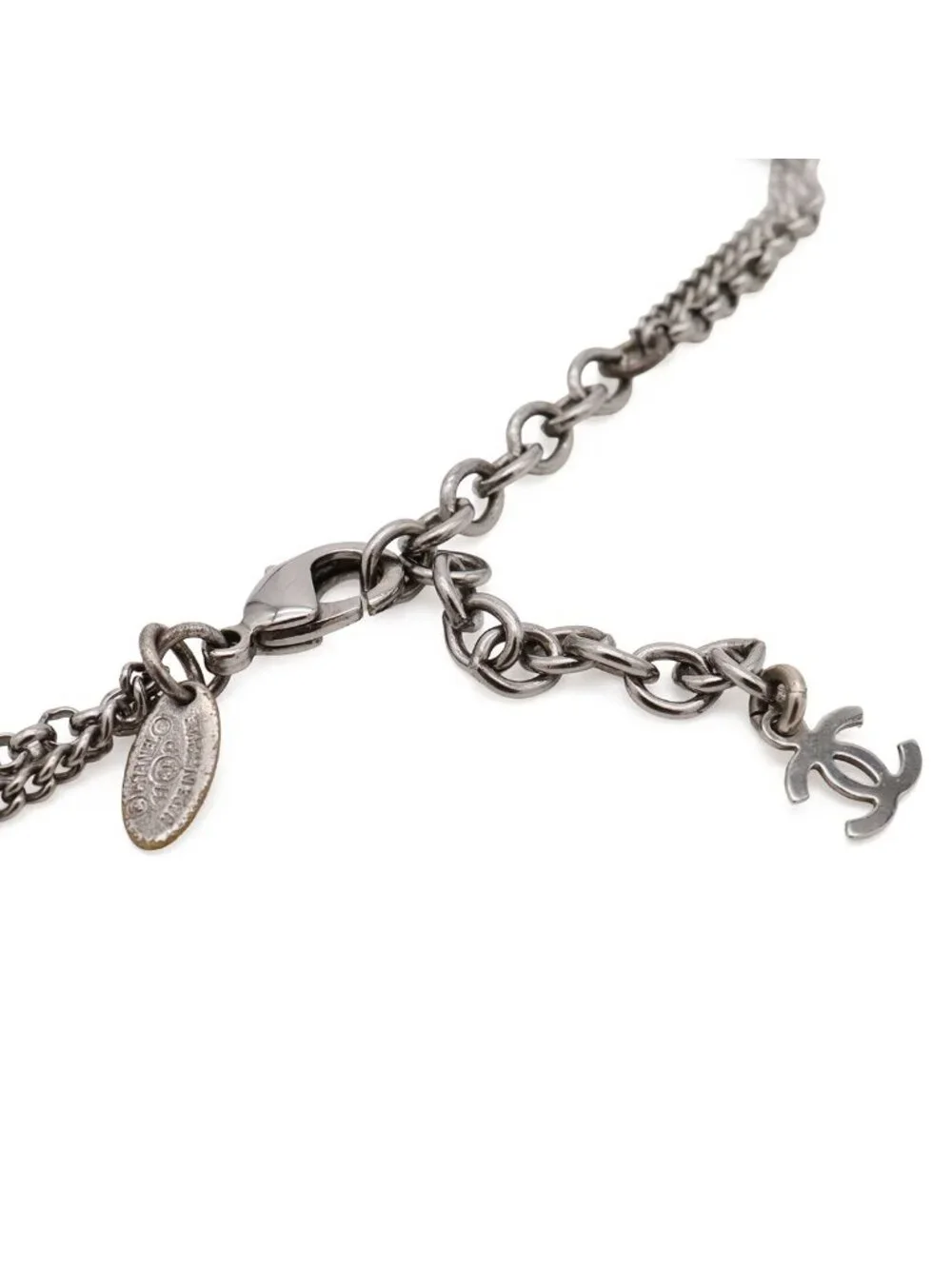 Chanel CC Logo Round Motif Double Chain Pendant Metal Rhinestone Black